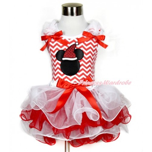 Xmas Red White Wave Baby Pettitop with White Ruffles & Red Bow & Christmas Minnie Print with Red Bow White Red Petal Baby Pettiskirt BG073 